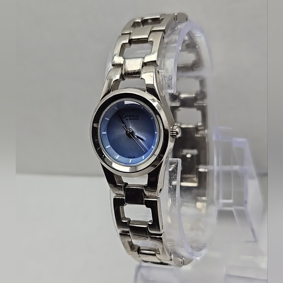 Rare Womens Caravelle By Bulova Watch 23mm Silver Tone Blue Dial New Battery - Picture 2 of 10